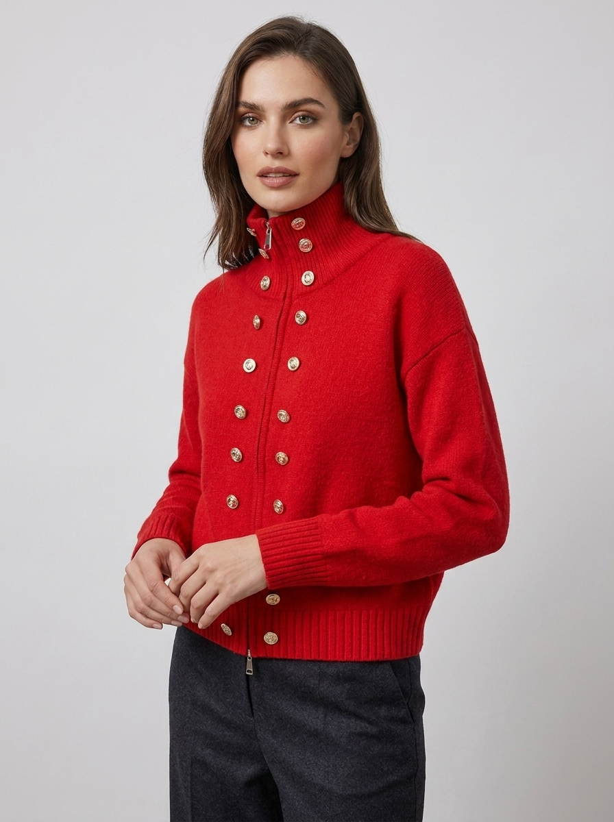 Women's zip cardigan in red, funnel neck stud detail knitted