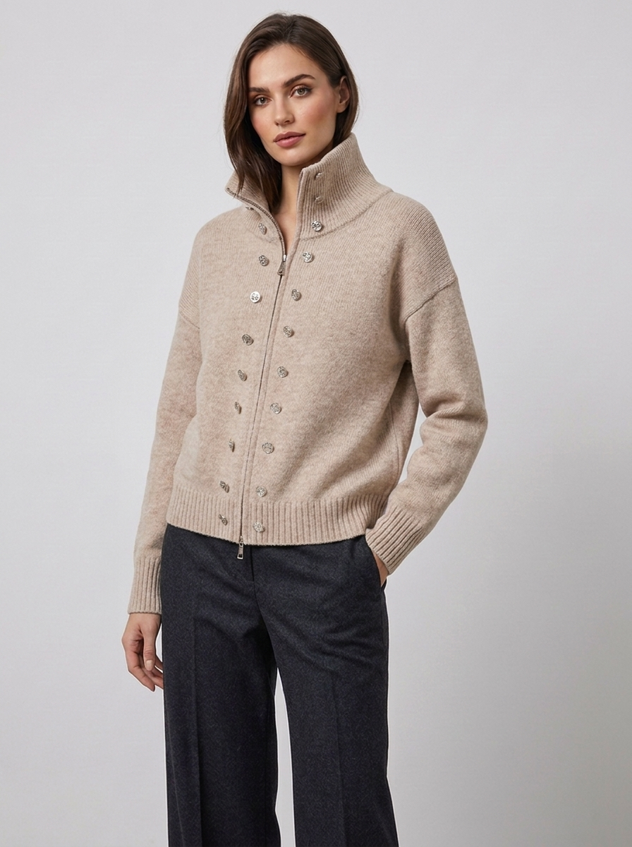 Women's zip cardigan in taupe, funnel neck stud detail knitted