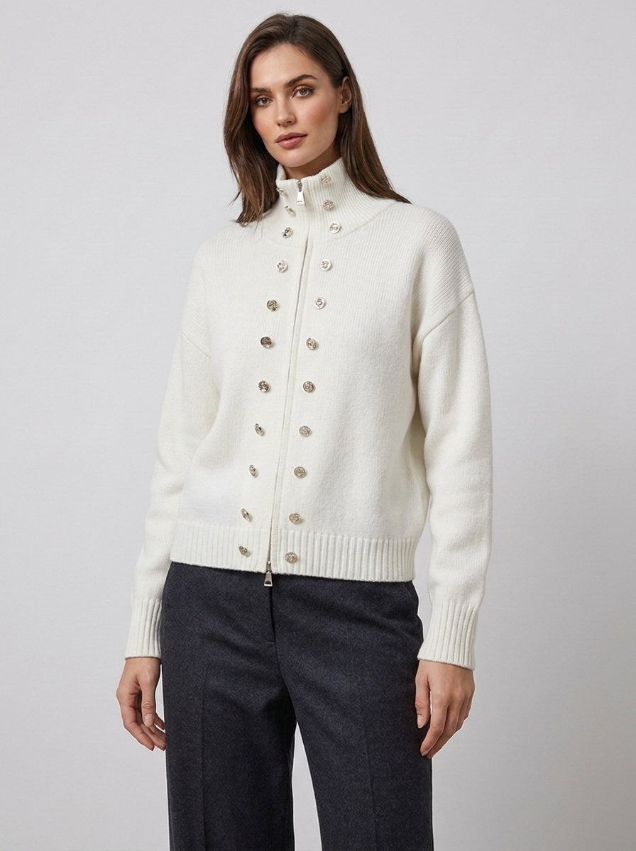 Women's zip cardigan in white, funnel neck stud detail knitted