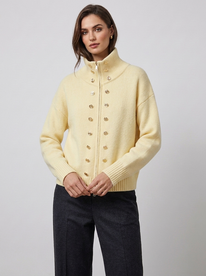 Women's zip cardigan in yellow, funnel neck stud detail knitted