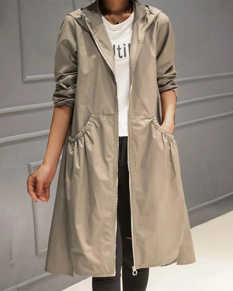 Women's long raincoat in khaki, hooded gathered back rain mac