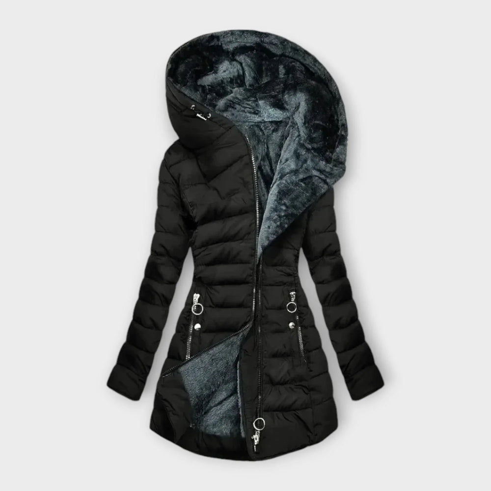 Women's puffer coat in black, quilted hooded faux fur lined