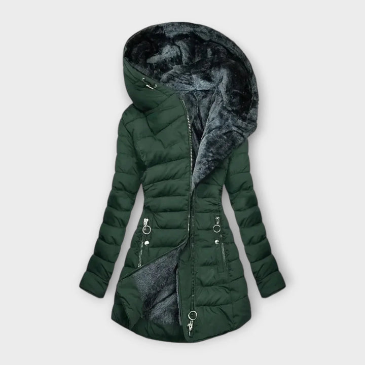 Women's puffer coat in dark green, quilted hooded faux fur lined