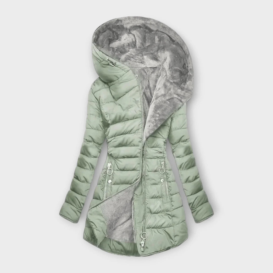 Women's puffer coat in light green, quilted hooded faux fur lined