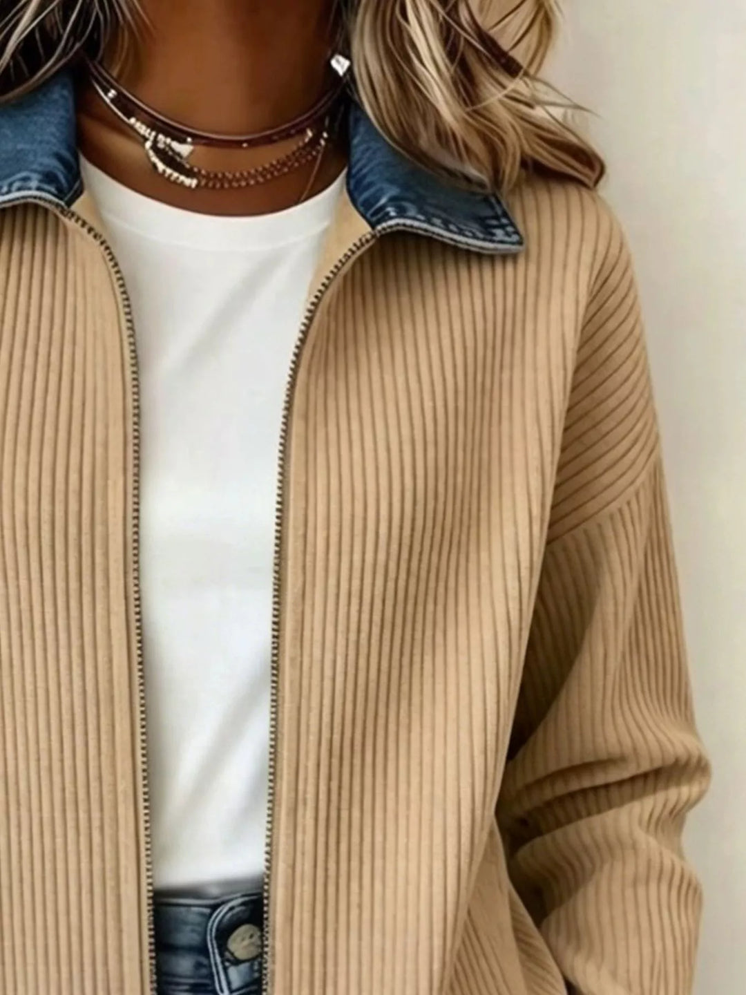 Close up of the beige vertical rib and denim-look point collar
