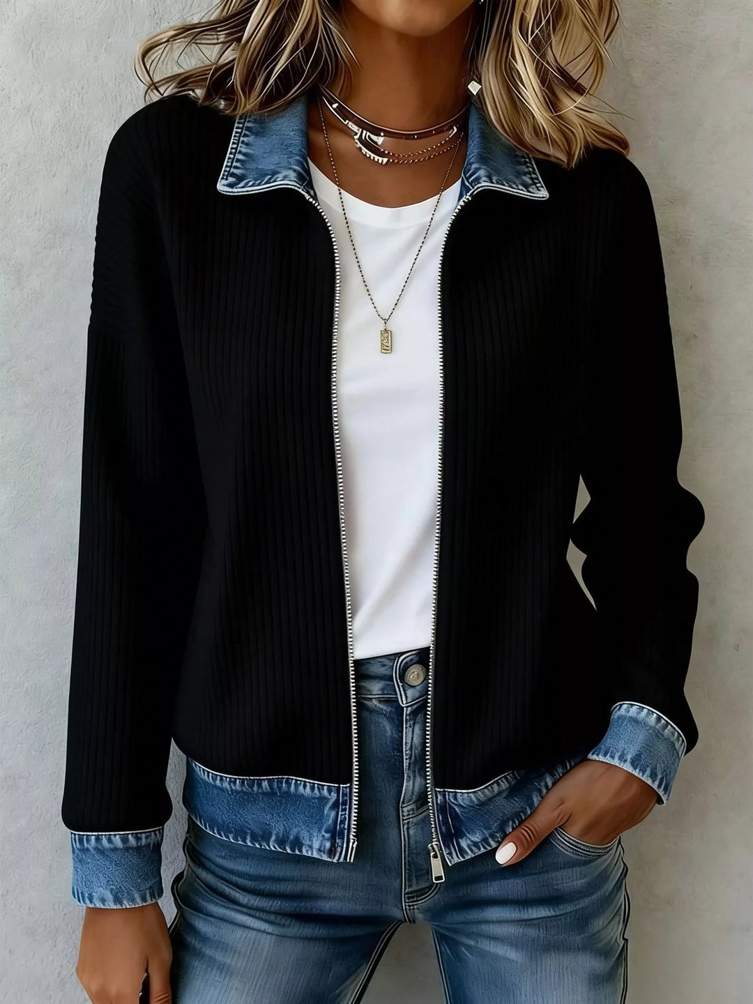 Black zip up cardigan jacket with denim-look collar, cuffs and hem band