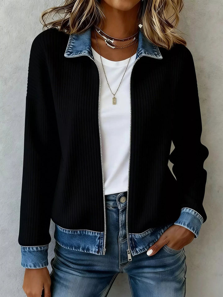 Black zip up cardigan jacket with denim-look collar, cuffs and hem band