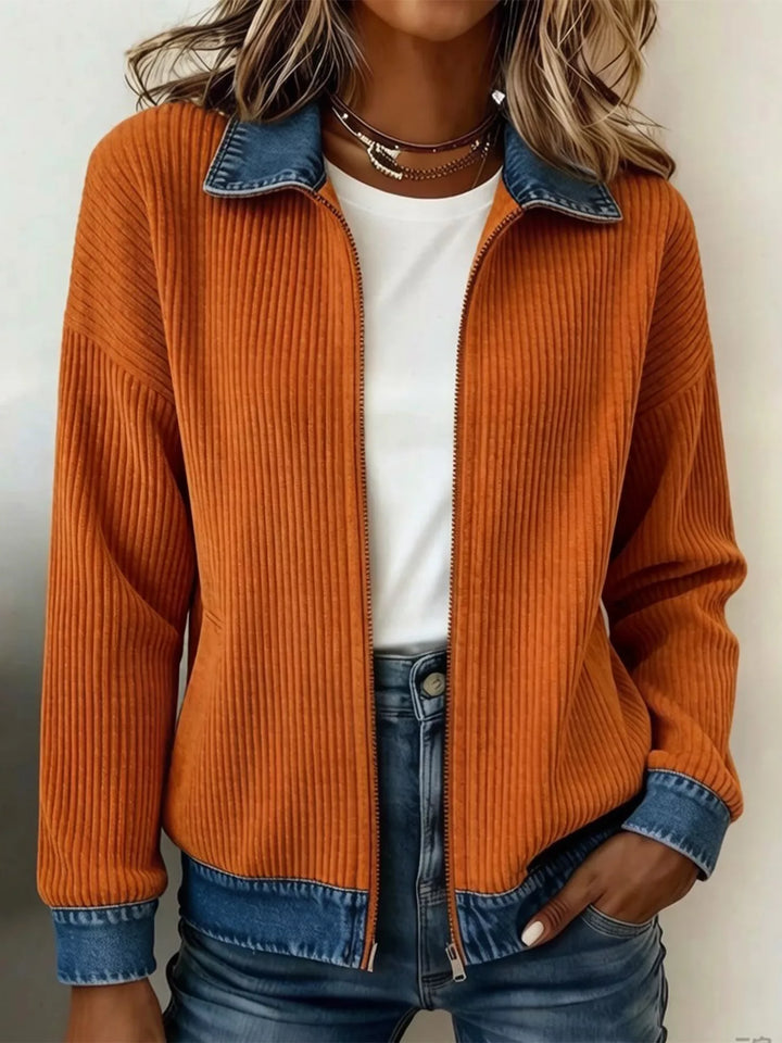 Burnt orange zip up cardigan jacket with denim-look collar and hem band