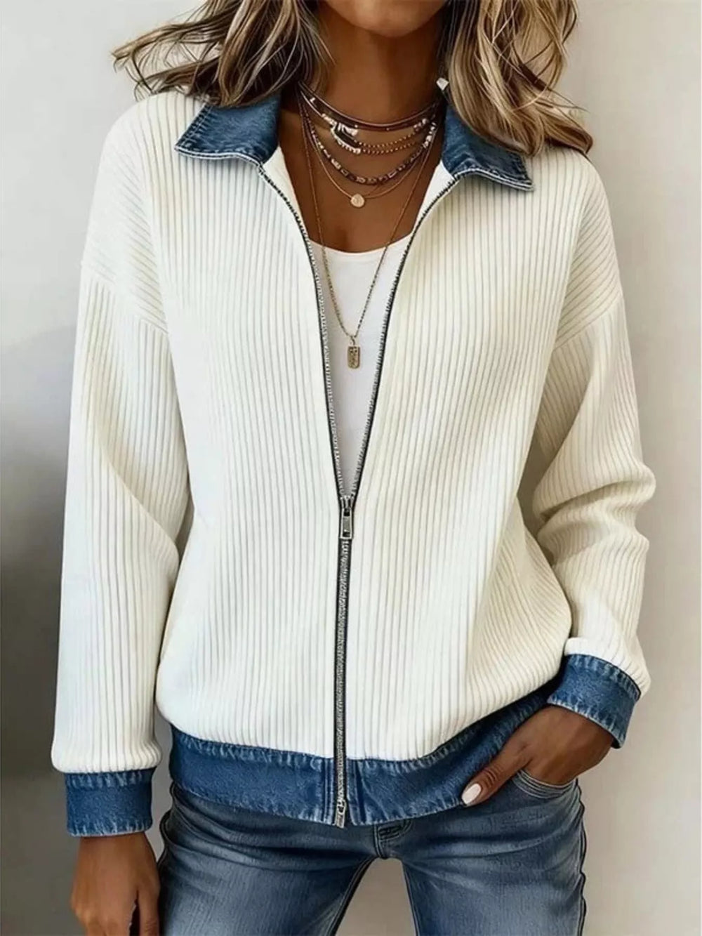 Cream ribbed cardigan jacket worn open over a white tee with layered necklaces