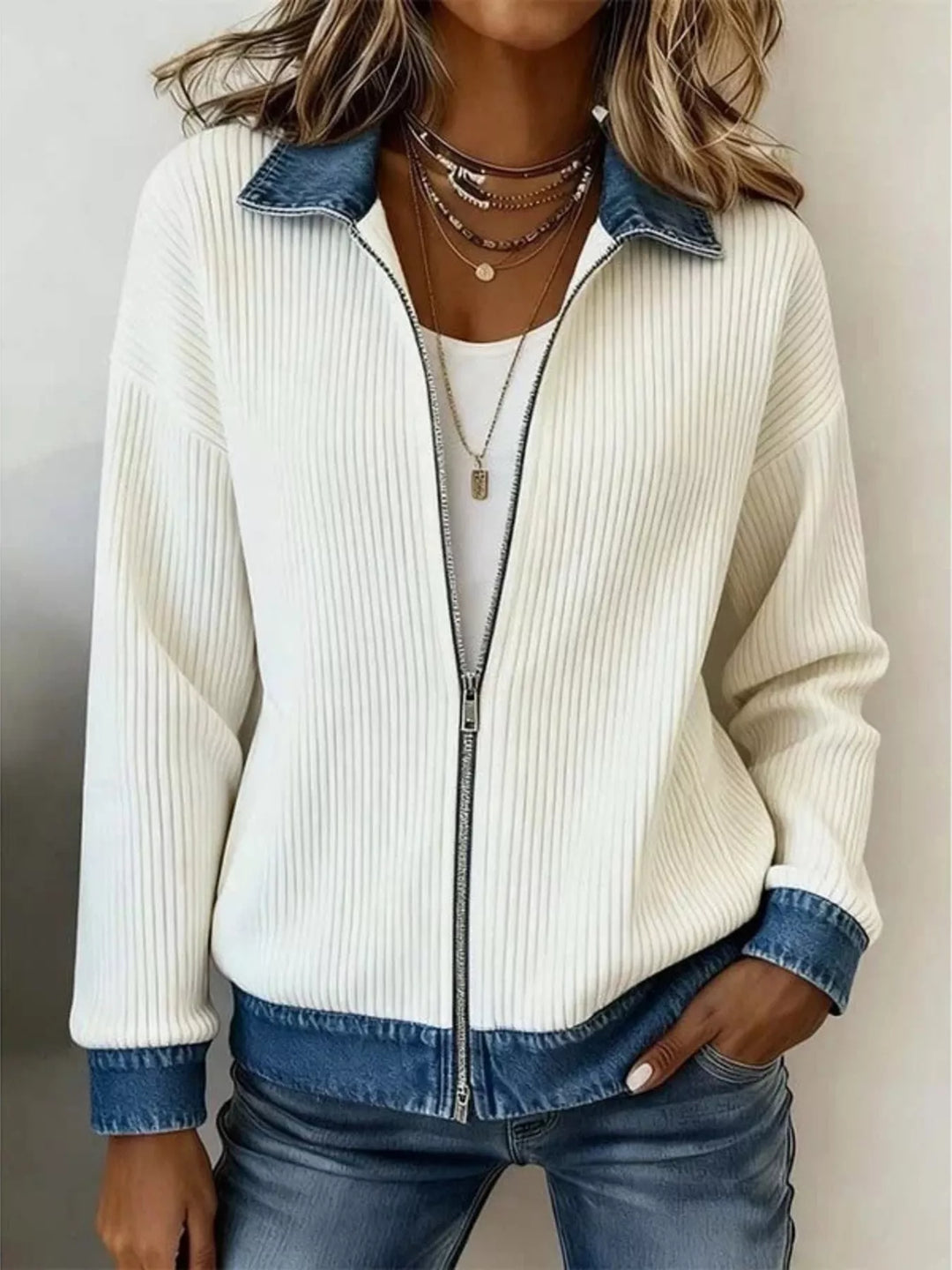 Cream ribbed cardigan jacket worn open over a white tee with layered necklaces
