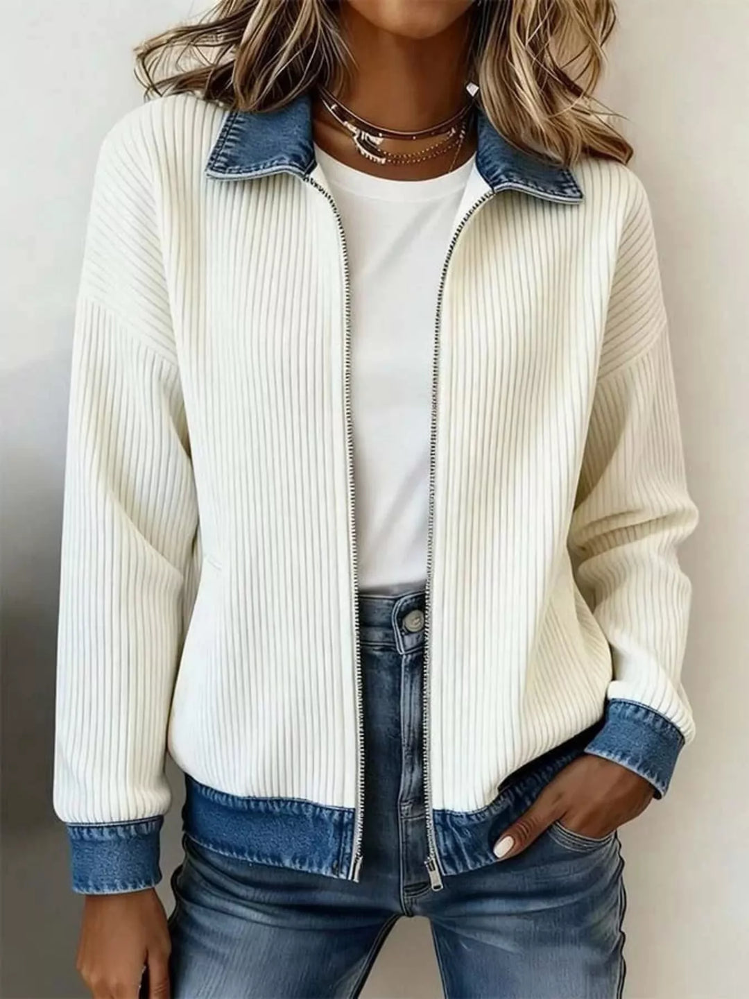 Women's zip up cardigan jacket in cream, ribbed knit with denim-look collar