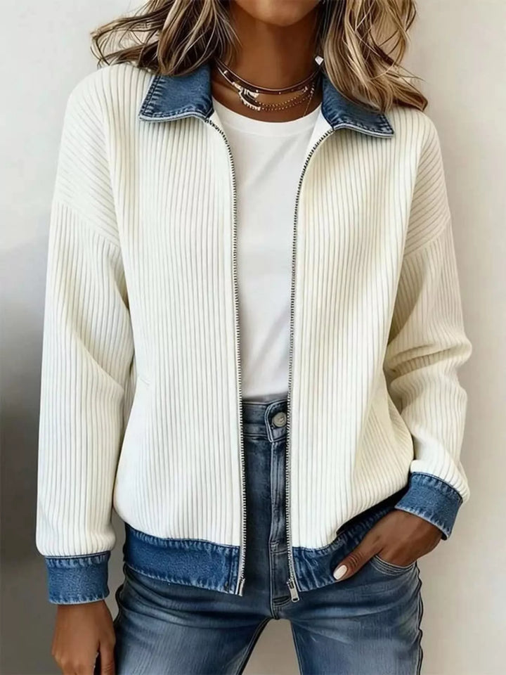 Women's zip up cardigan jacket in cream, ribbed knit with denim-look collar
