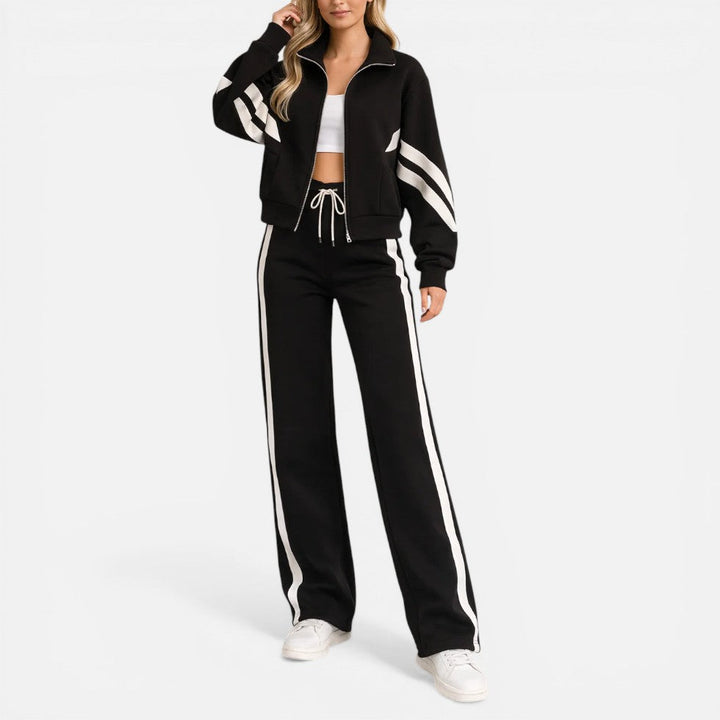 Women's tracksuit set in black, striped wide leg two piece