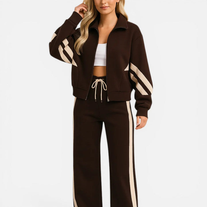 Women's tracksuit set in brown, striped wide leg two piece