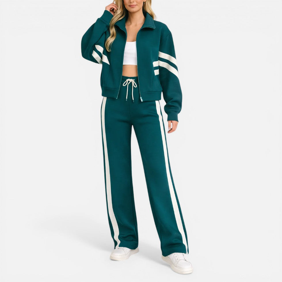 Women's tracksuit set in green, striped wide leg two piece